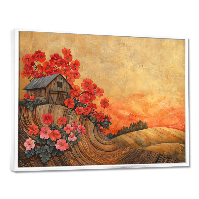 Fleurs de géraniums à la grange paysage I - décoration murale géraniums, H 34 po x l 44 po, Cadre flottant, Blanc