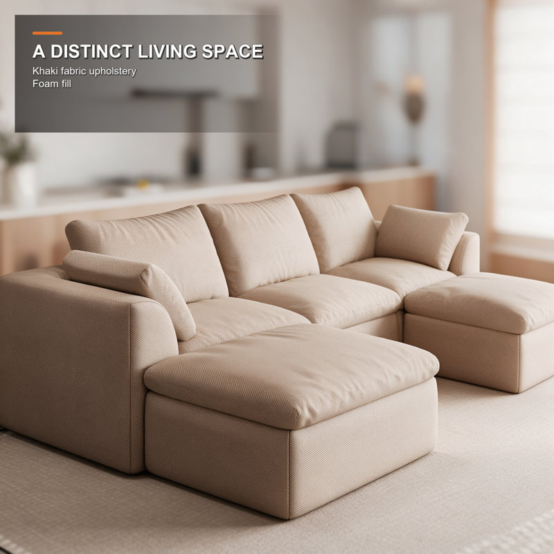 Canapé 3 places en lin kaki avec 2 poufs, ensemble de canapés modulaires rembourrés