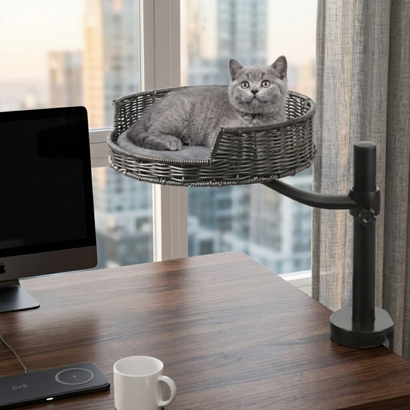 Support de lit pour chat avec hauteur réglable, perchoir de bureau pour chat en rotin pouvant supporter 30 lb, accessoire de bureau pivotant à 360 ° pour bureau à domicile, comprend 1 lit