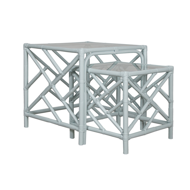 Chippendale Glass Nesting End Table, Light Blue