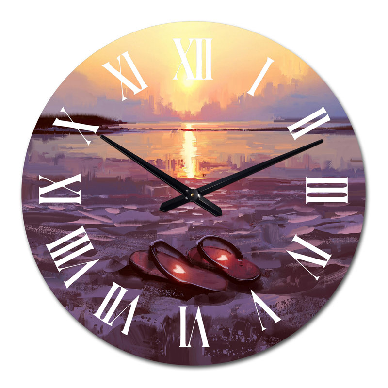 Flip Flops With Lovely Hearts On Beach At Sunset - Horloge murale nautique et côtière, Grand