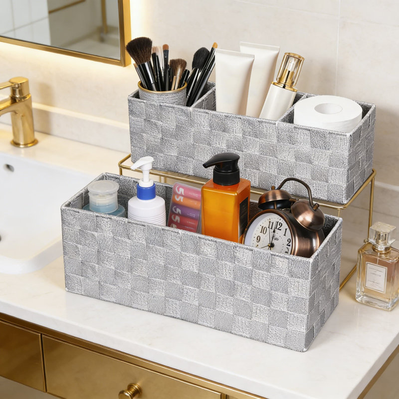 Waterproof Toilet Tank Storage Basket Set Of 2 With Divider, Woven Plastic Bathroom Organizer Bins For Rustic Farmhouse Decor, Space-Saving Over The Toilet Storage Solution