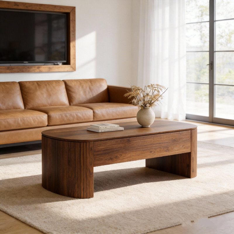 47" Oval Lift Top Coffee Table With Hidden Storage, Rustic Brown Mid Century Modern Center Table With Storage Shelf For Living Room
