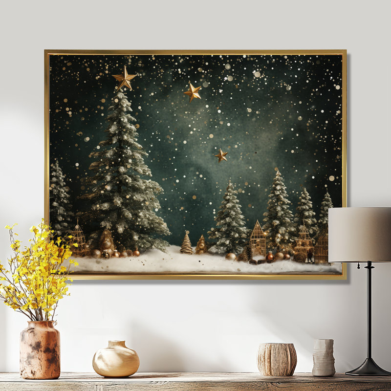 Green Christmas Pine Tree Decor - Tree Pine Wall Art, Gold, 24" H x 32" W, Floater Framed Print
