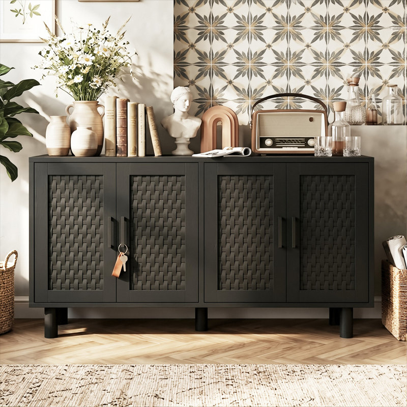 140cm 4-Door Faux Rattan Sideboard with Adjustable Shelves, Japandi PVC Woven Storage Cabinet with Metal Handles, Oak / Black