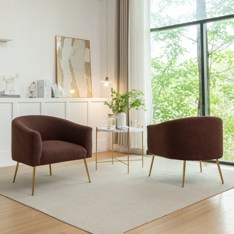 Fauteuil demi-tonneau Jameila, Fausse fourrure brune, 2, Doré