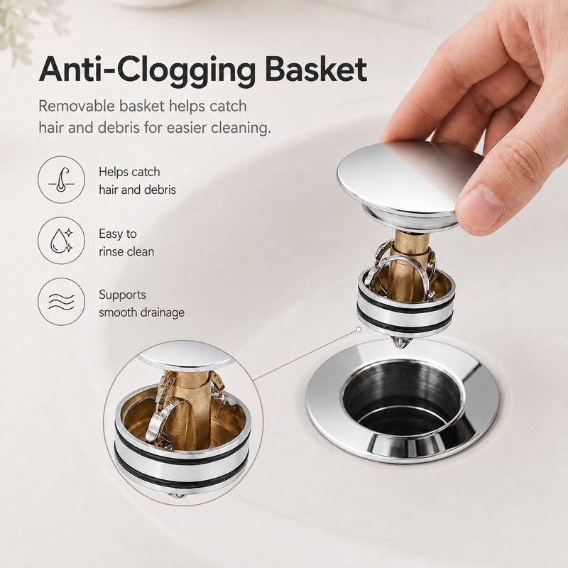 Stainless Steel Bathroom Sink Pop-Up Drain Without Overflow, Polished Chrome