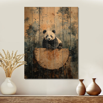 Portrait de panda dans un paysage de bambou II - Art mural en bois animal panda - sur bois de pin naturel