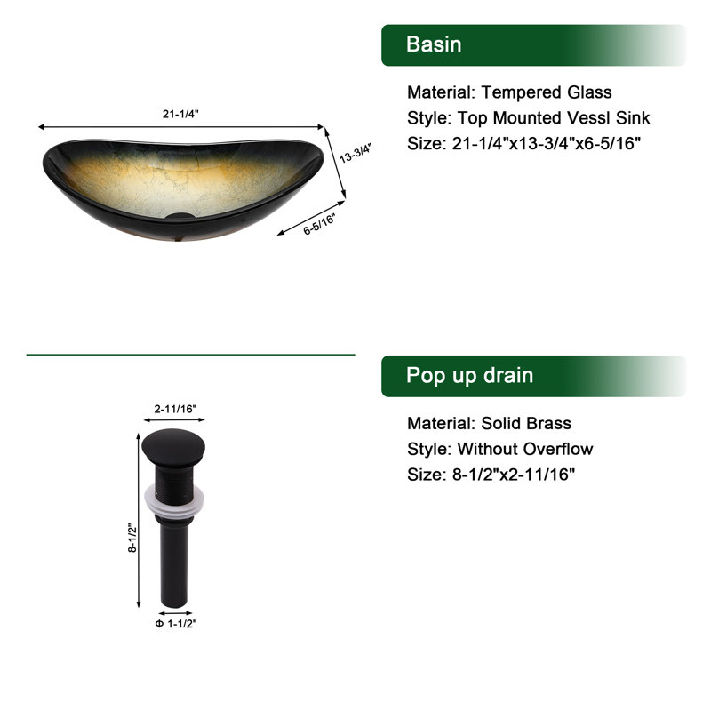 Lavabo vasque ovale en verre 21,25 "avec bonde escamotable, Black/Gold