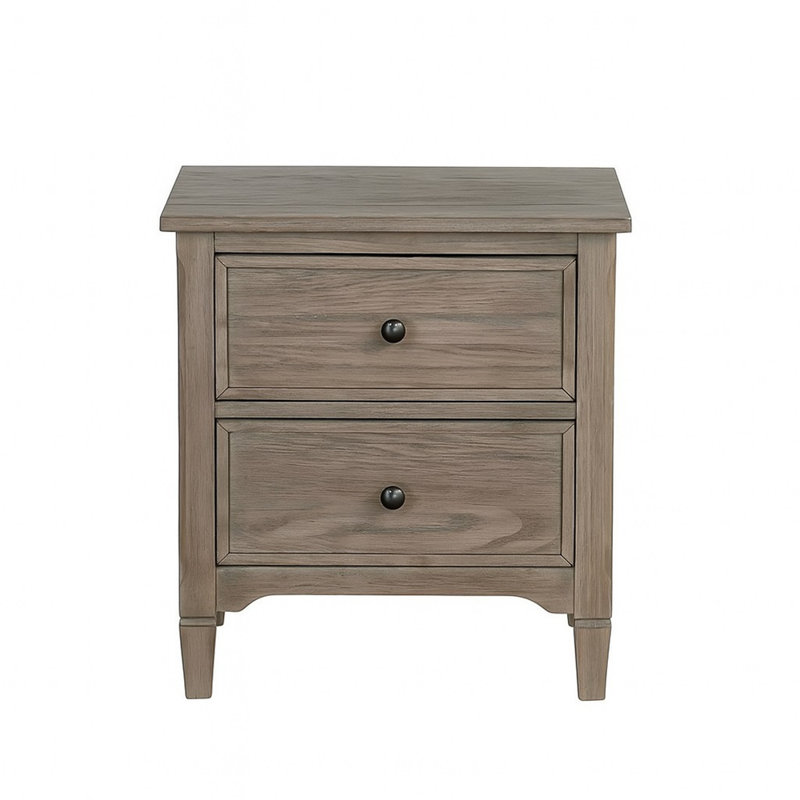 Table de chevet 2 tiroirs avec poignées rondes bronze, gris chaud brossé