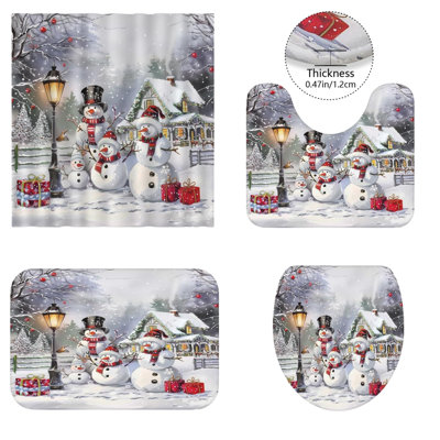 Ensemble de salle de bain de Noël bonhomme de neige avec rideau de douche, 12 crochets, tapis de bain antidérapants, tapis en U et couvercle de couvercle de toilette