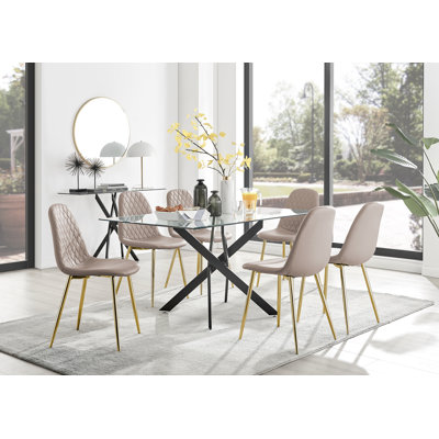 Lenworth Modern Black Metal and Glass Dining Table Set with 6 Luxury Faux Leather Dining Chairs