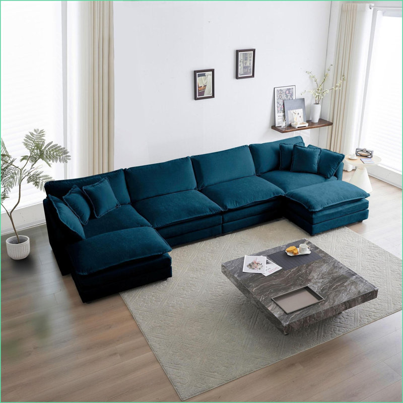 Canapé modulaire en U modulaire avec méridienne réversible & amp; Double repose-pieds | Bleu marine | Chenille, Chenille bleu