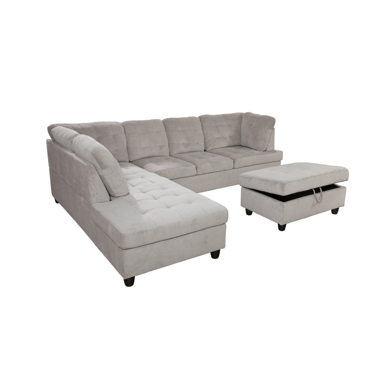 Carleah 3 - Piece L-Shaped Upholstered Sectional with Ottoman, Gray Corduroy, Left Hand Facing