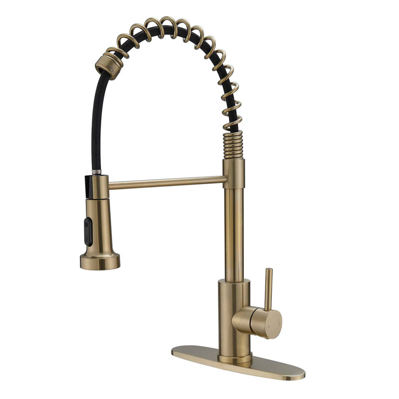 Robinet de cuisine monocommande à grande arche et douchette extractible avec plaque de pont en noir mat, Or brossé