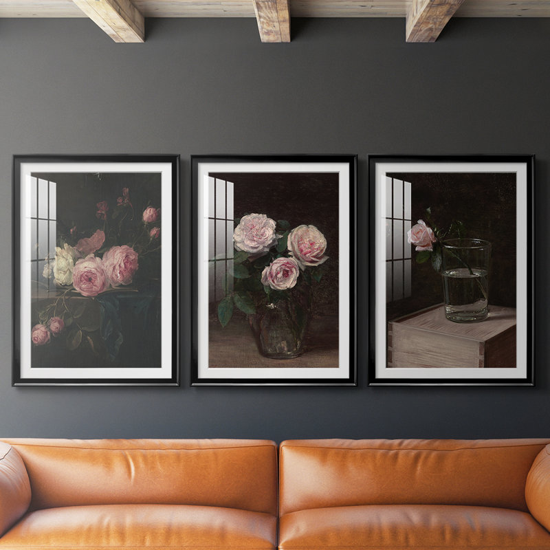Imprimé floral rétro CCLxxix - impression encadrée sur mesure de qualité supérieure - 3 pièces, H 15 po x l 19 po, Noir