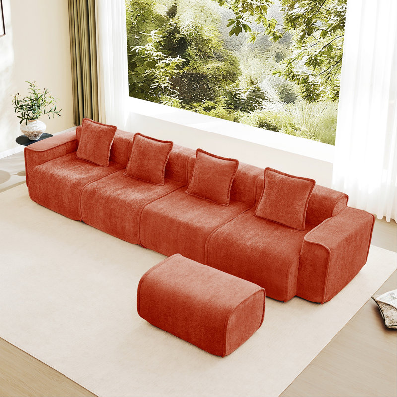 Canapé modulaire à 3 places Boneless, canapé avec coussins décoratifs et 1 repose-pieds mobile, Rouge