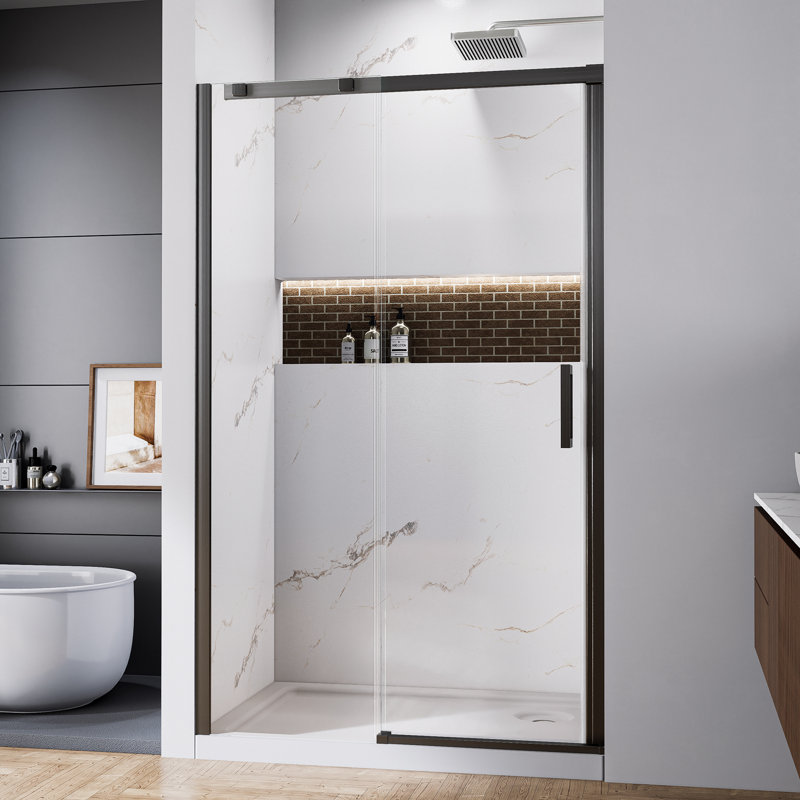 44"-48"W X 74"H Single Sliding Semi-Frameless Shower Door With Clear Glass, Matte Black