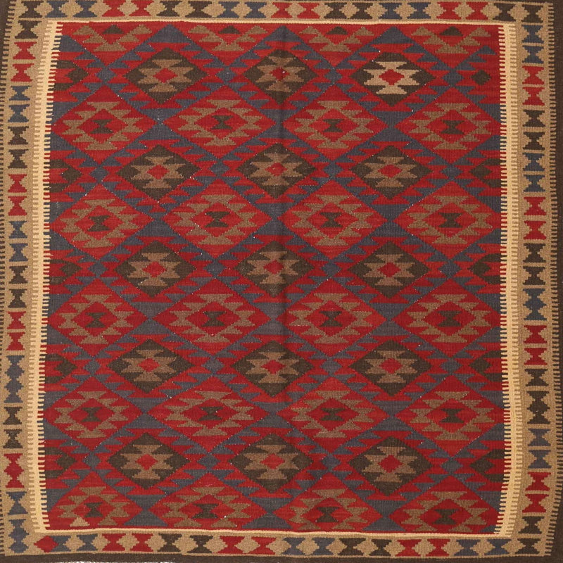 Tapis géométrique rouge / vert / beige, Carré 6 pi