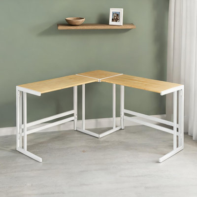 67 L-Shaped Writing Desk with Natural-Toned Bamboo Top and White Metal Frame, Industrial Style