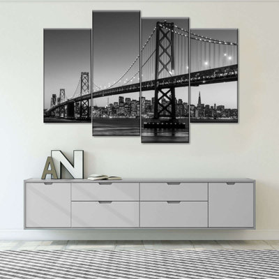 «Suspension Bridge San Francisco Bay Bridge BW», reproduction d'art sur toile 4 pièces