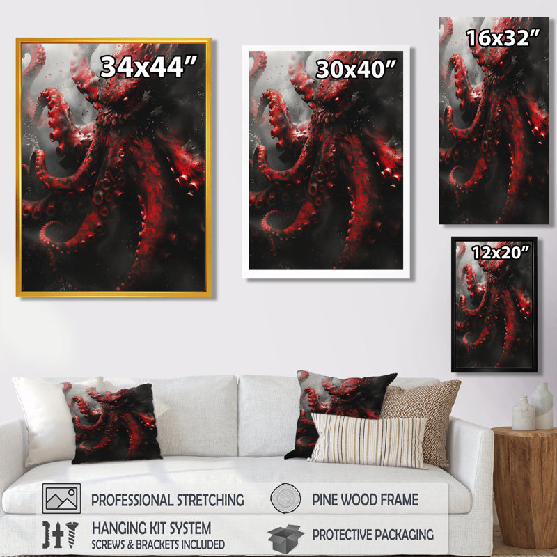 «Red Grey Kraken Mythical Creature II», reproduction d'art mural Mythical Creatures, Cadre simple noir