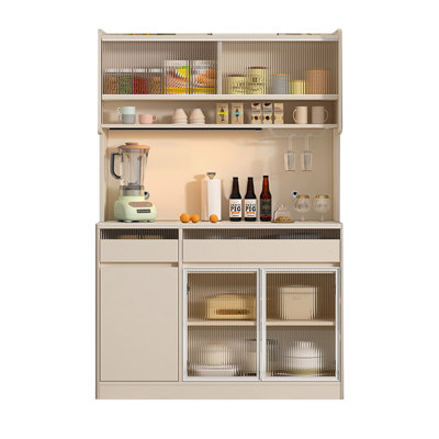 47.24" Cream Tall Sideboard, Stone Top Cabinet with Lights & Glass Doors, Multi-purpose Tea & Wine Storage Cabinet for Kitchen