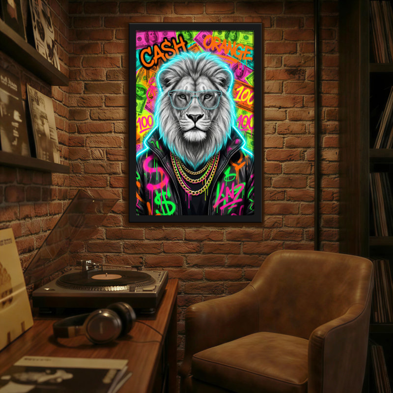 Animaux, lion, lunettes, argent, style art graffiti, H 36 po x l 24 po