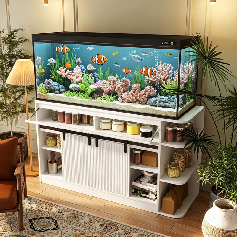 Armoire à portes coulissantes avec support d'aquarium et lumière DEL, prises de courant et tablettes