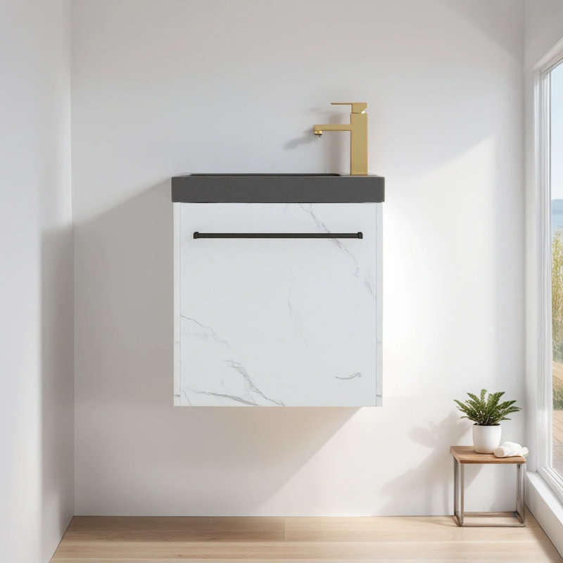 Macius 20.02'' Single Bathroom Vanity with Resin Top, Black, CarraraWhite/Black