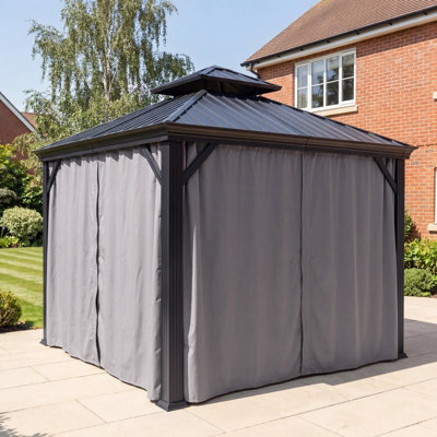 GRDN living Haven Pro 3.6m x 3m Aluminium Hardtop Gazebo with Double Metal Roof in Black with Curtains
