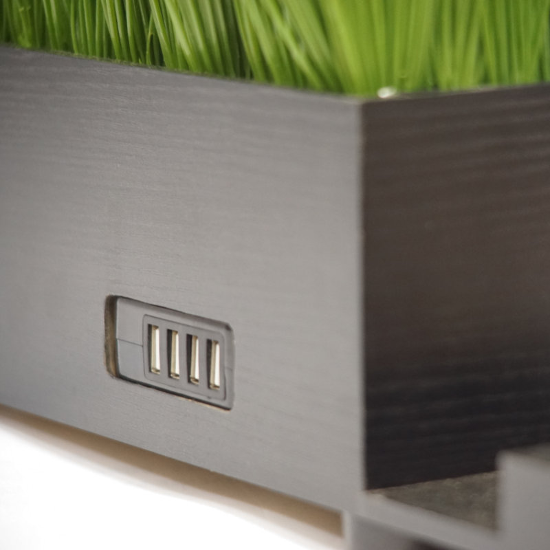4-Port USB Power Charging Station Faux Grass Plant in Wood Planter, Black