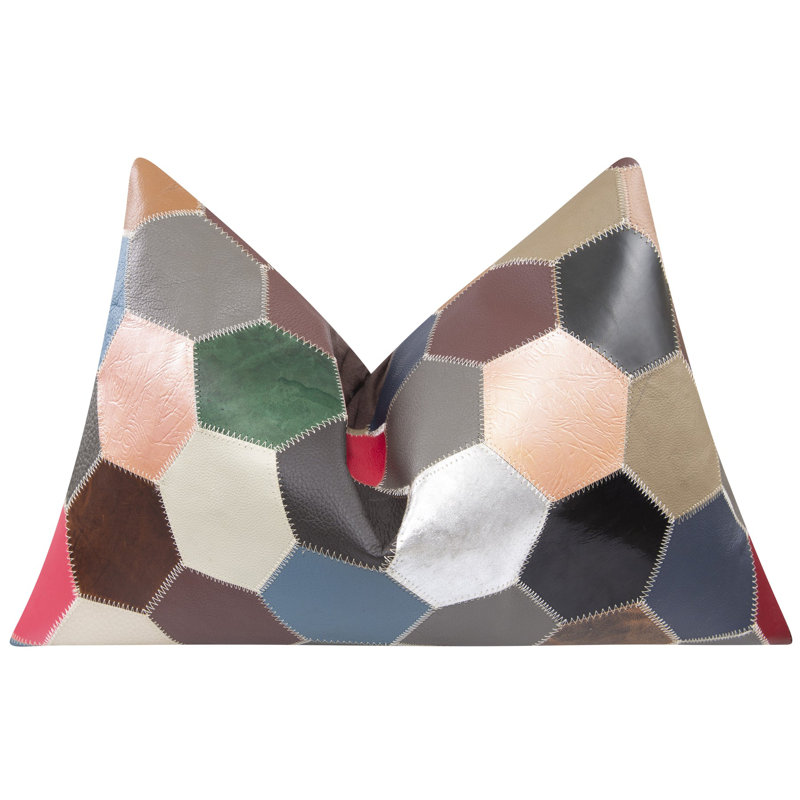 Coussin en cuir de vache multicolore à motif patchwork - Design hexagonal