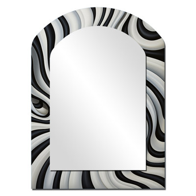 Black White Optical Art Dream III - Op Art Arch Mirror, Black Asymmetrical Unique Wall Mirror, Printed Metal Art