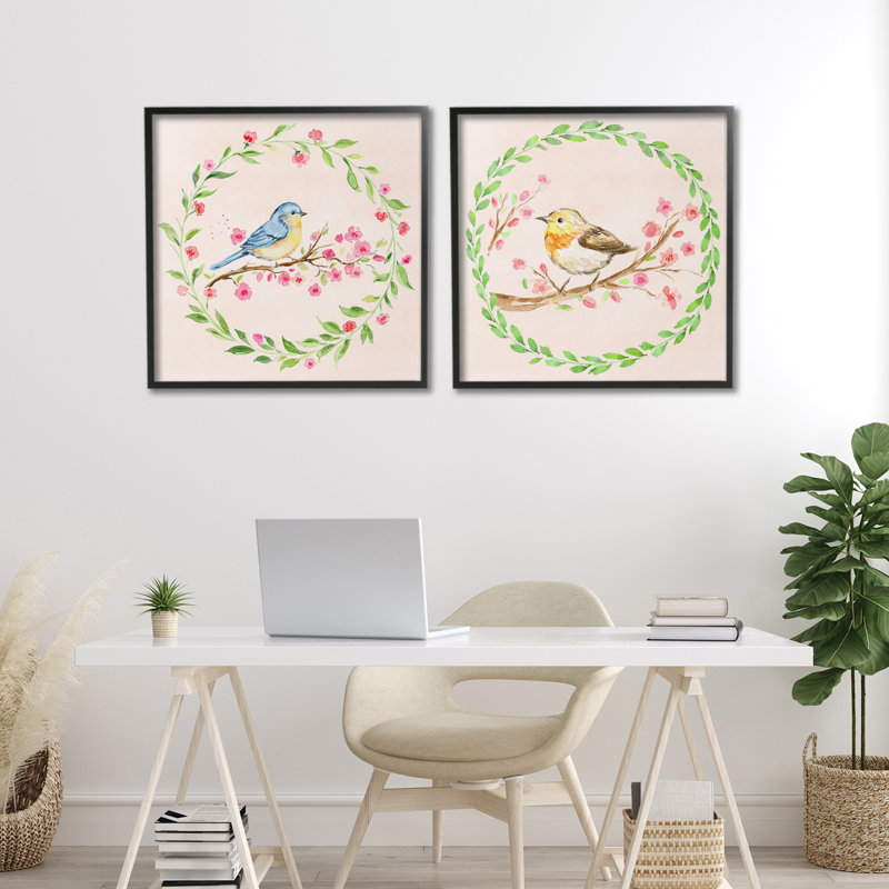 Ensemble de 2 giclées encadrées Spring Branches & Wreath Birds, par Elena Fay, H 24 po x l 24 po, Giclée encadrée noir minuit