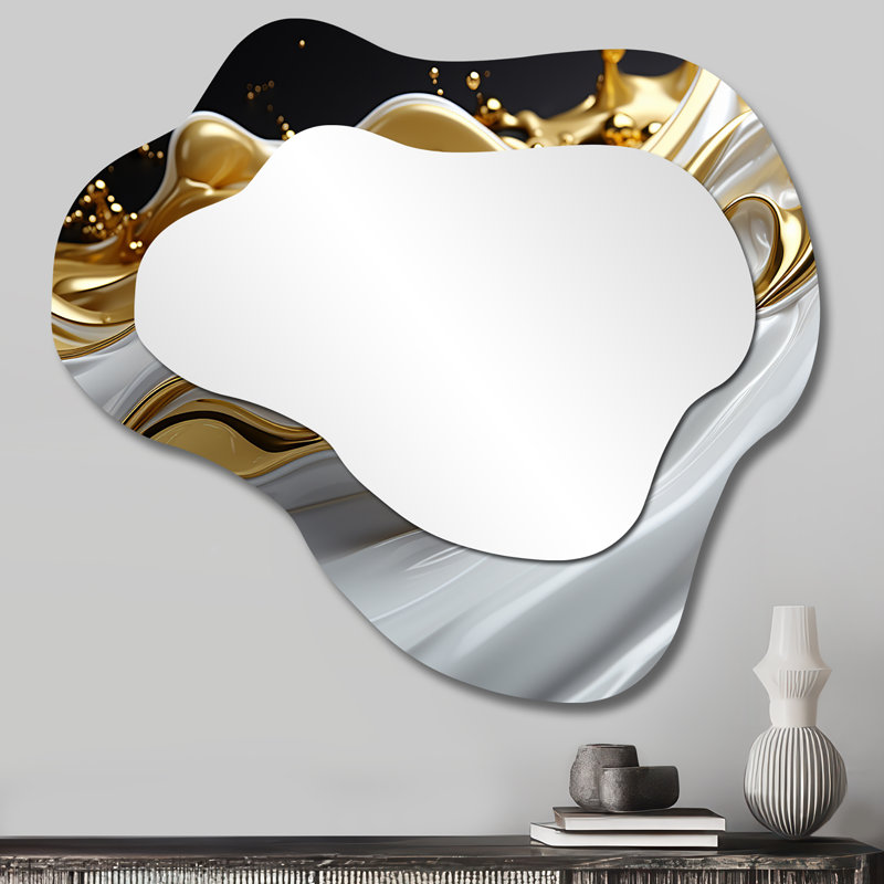 Flowing Golden Sunshine I - Abstract Liquid Ink Modern Asymmetrical Decorative Wall Mirror, 25" x 28"