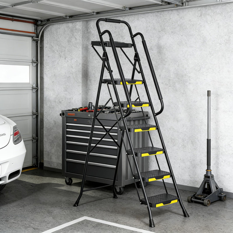Échelle à 6 marches avec plateau à outils et mains courantes, escabeau en acier pliable d'une capacité de 800 lb, larges pédales antidérapantes pour une utilisation intérieure / extérieure dans la maison, le garage et l'atelier