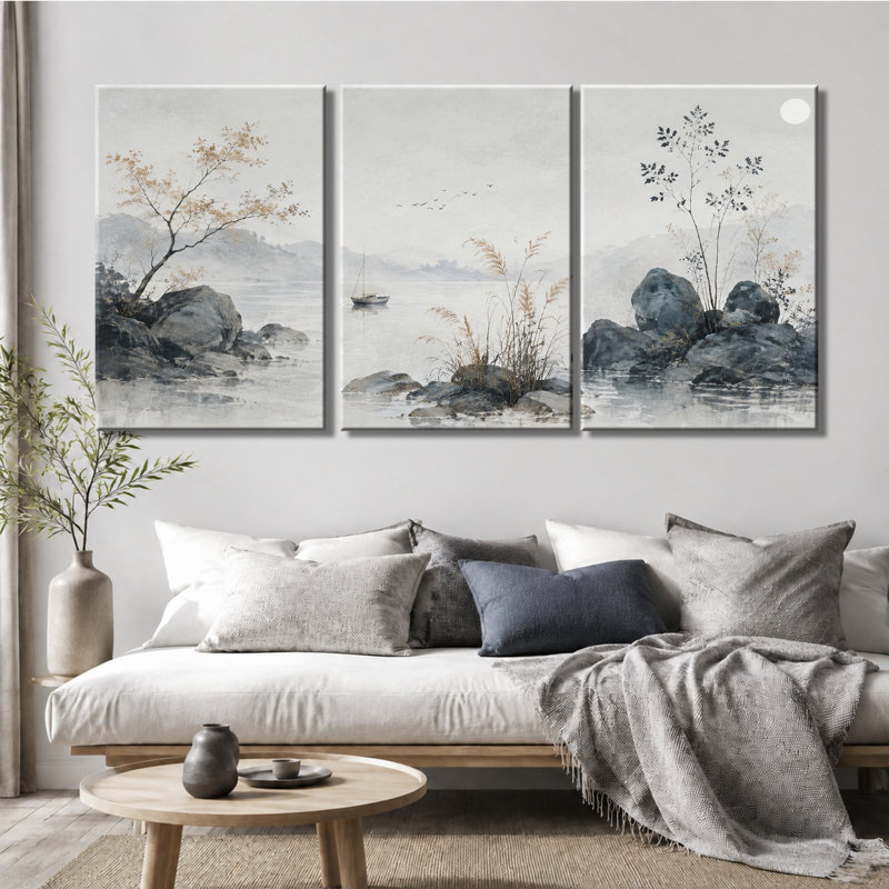 3 panneaux d'art mural Misty Lake Boat Oriental Landscape, 20 * 30 pouces * 3