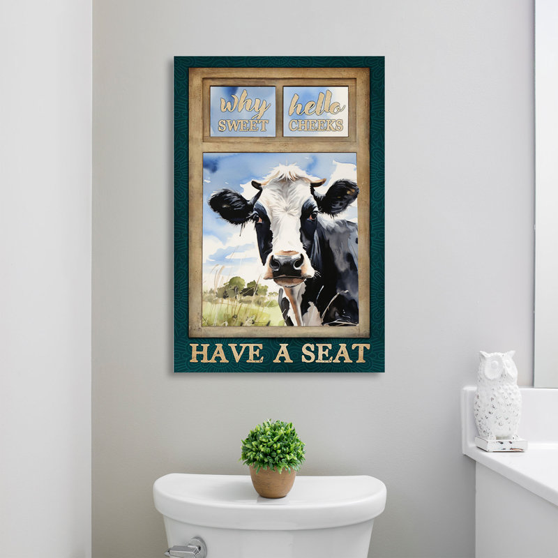 Cow - Hello Sweet Cheeks Gallery Wrapped Canvas - Bath And Laundry Cattle Animal Illustration Decor, Black, White And Green Bathroom Decor