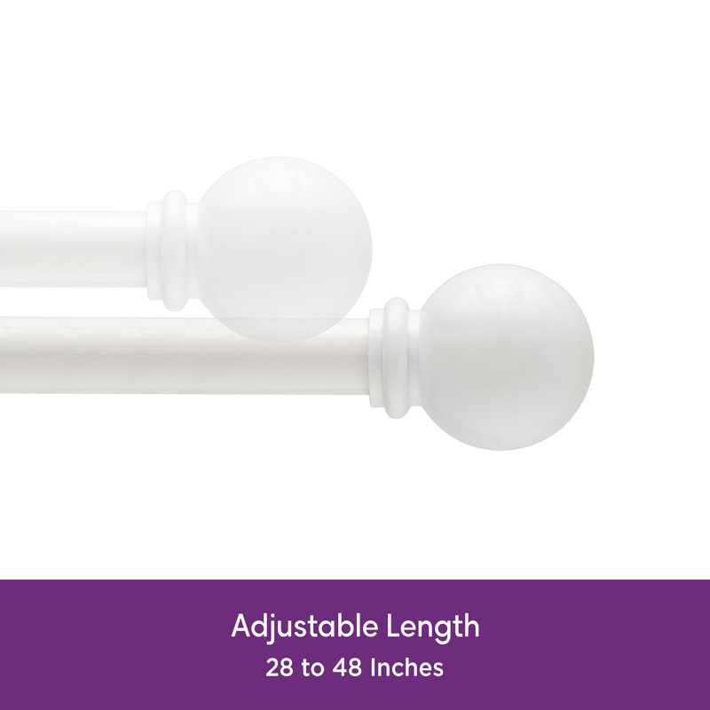 White Adjustable Steel Curtain Rod with Decorative Ball Finials, 28"-48"