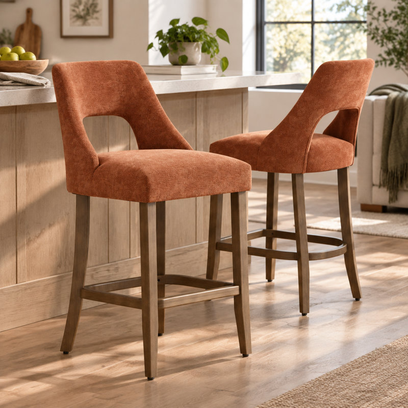 Ensemble de 2 tabourets de bar modernes, hauteur du comptoir, rembourrés, pieds en bois, pour îlot de cuisine ou salle à manger, orange