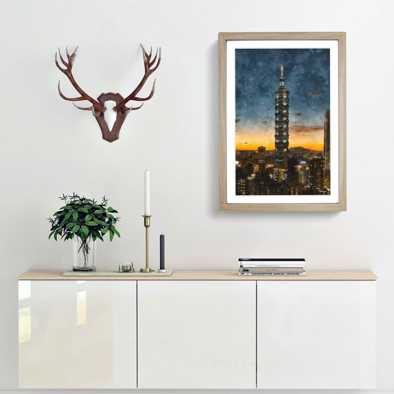 Taipei City in Taiwan Abstract - Picture Frame Graphic Art Print, Oak Framed, 87cm H x 62cm W x 2cm D