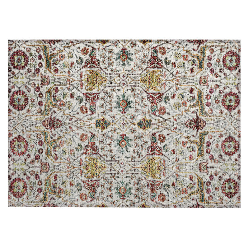Ivory and Multicolor Washable Synthetic Rectangular Rug