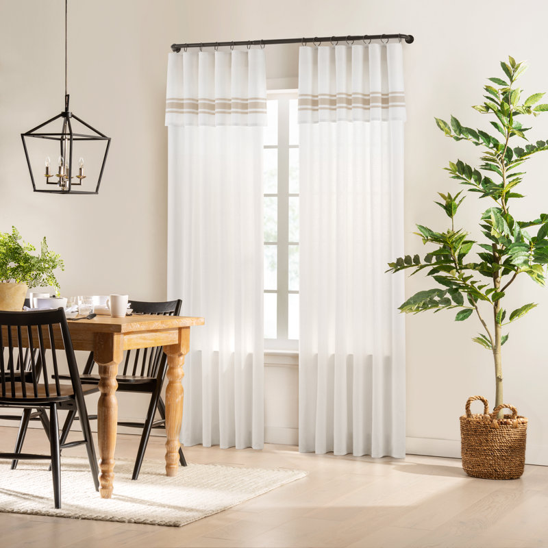 Mercantile Drop Cloth Stripe Curtain Panel, Light Filtering Ring and Tab Top with Attached Valance, 108 in Long x 50 in Wide, Farmhouse Single Window Panel, Bedroom, Living Room and Dining Room, Linen Stripe