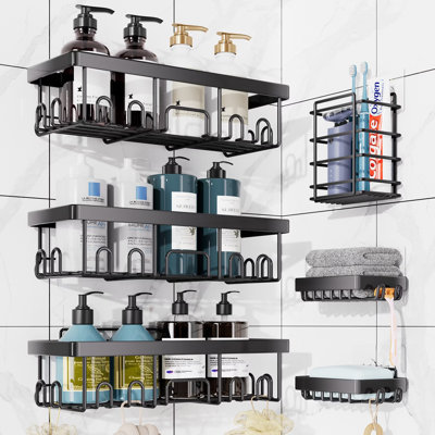 6 Pack  Capacity Bathroom Organizers and Storage, Adhesive Shower Caddy, Large No Drilling Wall-Mounted Basket, Black