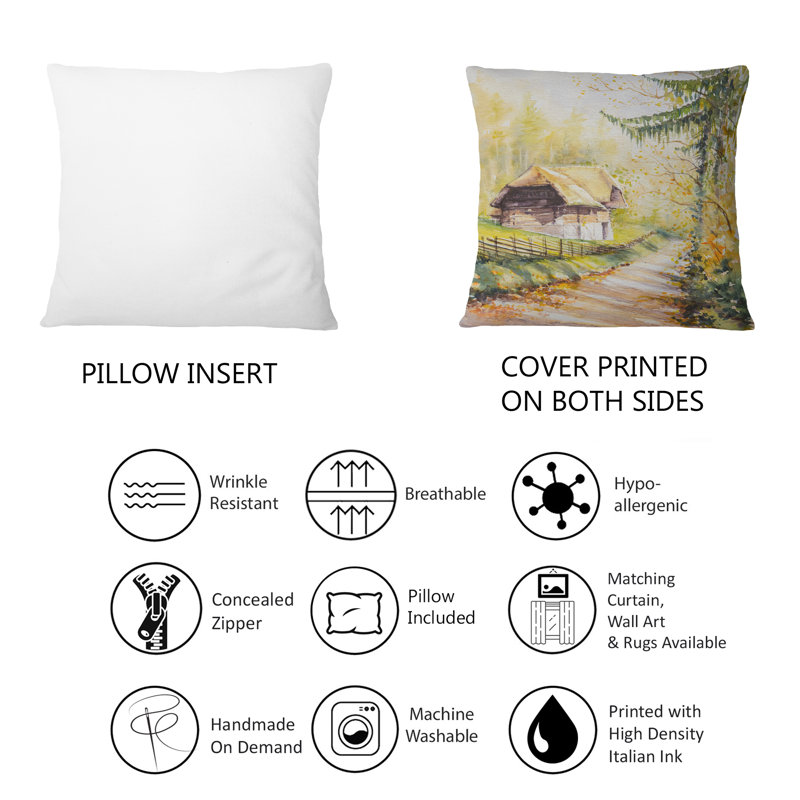 Coussin décoratif imprimé campagne "campagne avec vieille maison près de la route" 1