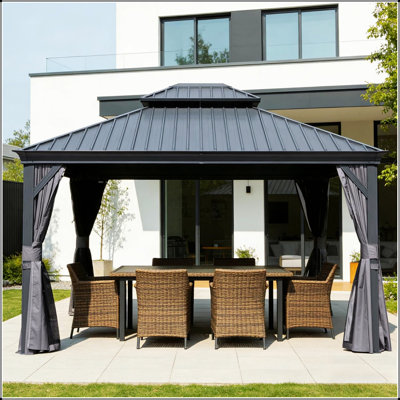 Pavillon de jardin extérieur 13 po x 15 pi avec double toit en acier galvanisé et système de drainage, idéal pour le patio et le divertissement dans la cour