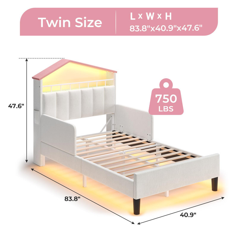 Twin Size Bed Frame with LED Lights, Velvet Upholstered Platform Bed with Safety Guardrail, Headboard with Charging Station and Hidden Storage, White