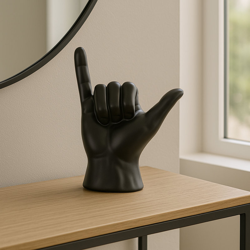 Crislyn Decorative Stoneware Ceramic Hand Sculpture with Shaka Gesture Silhouette Contemporary Abstract Accent Art Figurine Modern Handcrafted Display Object