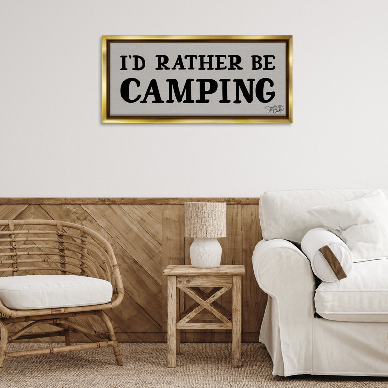 «Rather Be Camping», art mural encadré par Stephanie Dicks, H 14 po x l 31 po, Cadre flottant métallique doré